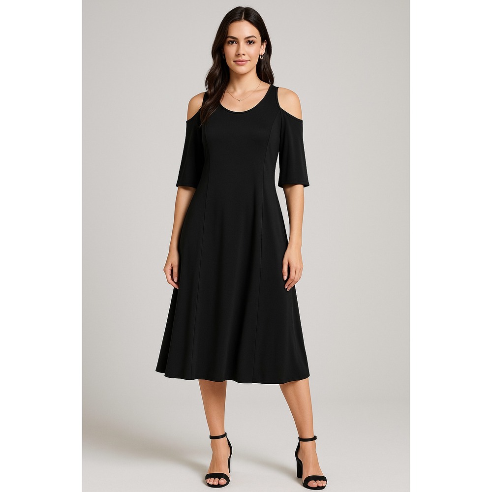 Susan Graver Dress Women‎ Plus Size 2X Black Cold Shoulder Midi Minimalist LBD